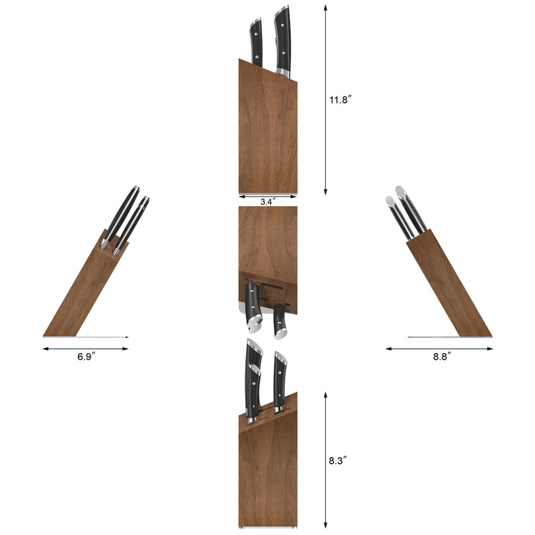 Wooden knife block with four knives, shown from multiple angles with dimensions labeled.