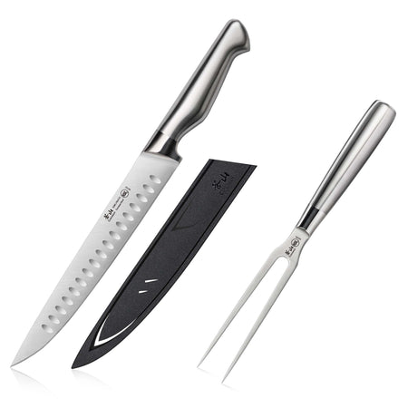 Carving knife with blade cover and two-prong carving fork, all with stainless steel handles.
