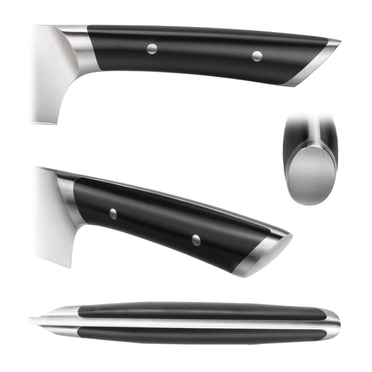 Handle of a knife with black grip, two metal rivets, and stainless steel bolster and end cap shown from multiple angles.