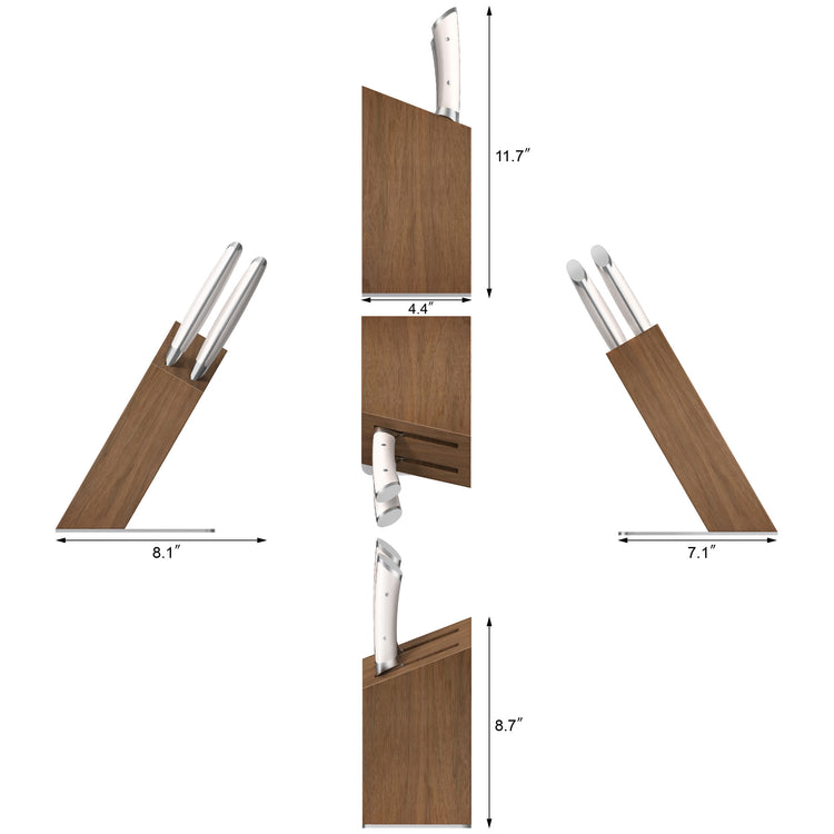 Acacia wood knife block holding three knives, shown from multiple angles with dimensions.
