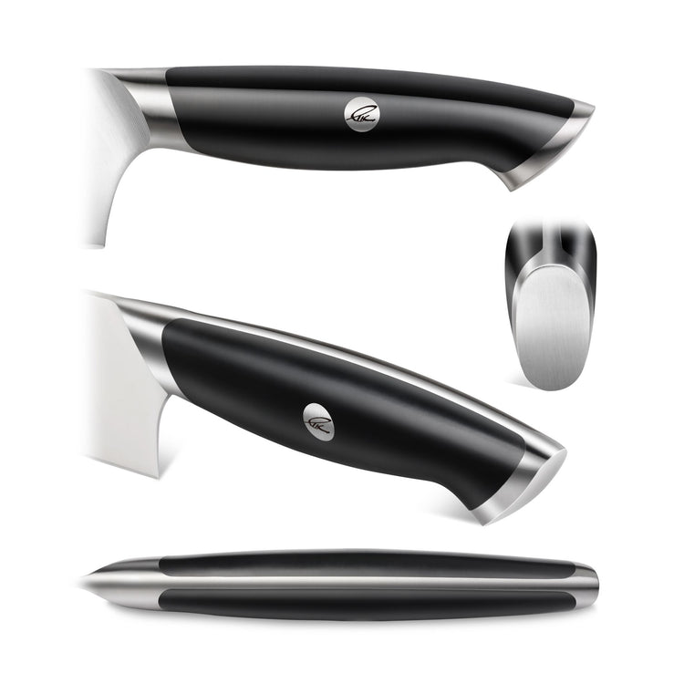 Black ergonomic knife handle with stainless steel accents and Thomas Keller logo, shown from multiple angles.
