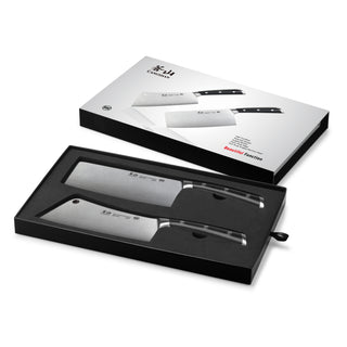 
                    
                      Two-piece cleaver knife set with black handles in a black foam-lined box, alongside the product packaging box.
                    
                  