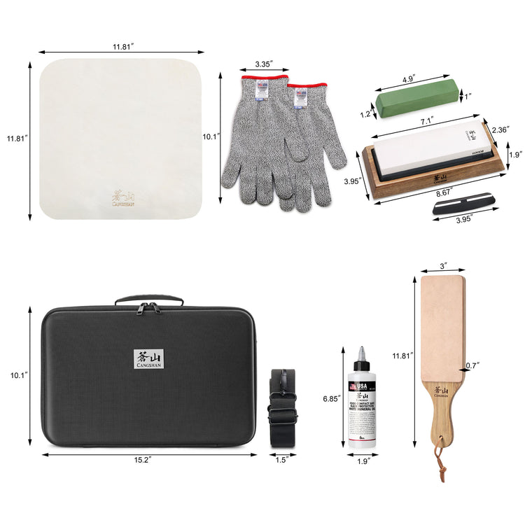 Cleaning cloth, cut-resistant gloves, sharpening stone with base and angle guide, carrying case, honing oil, and wooden paddl