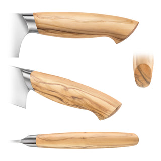 
                    
                      Olivewood handle of a serrated utility knife shown from side, angled, top, and end views.
                    
                  
