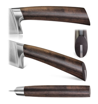
                    
                      Knife handle made of dark walnut wood with stainless steel bolster and end cap, shown from multiple angles.
                    
                  