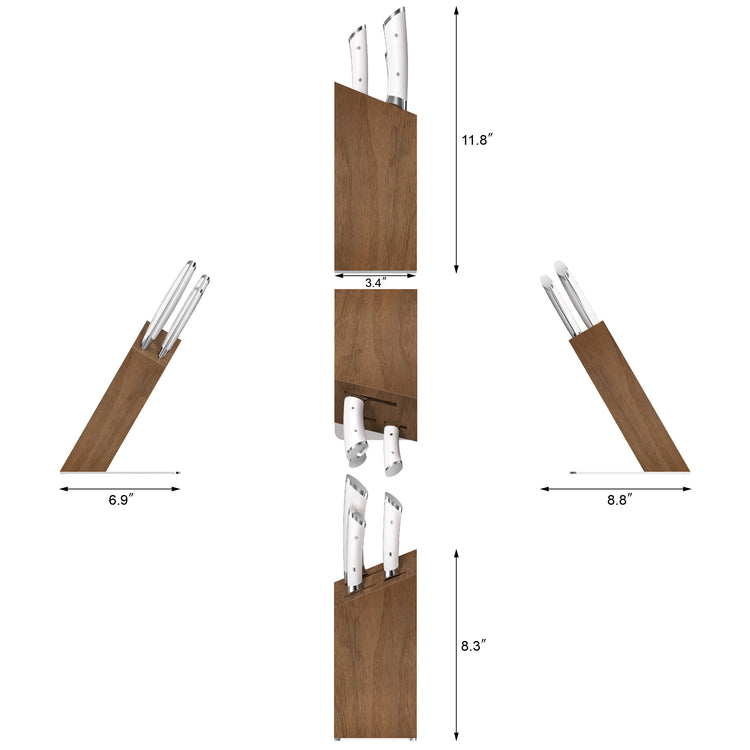 Knife block set with four white-handled knives in a wooden acacia block, shown from multiple angles with dimensions.