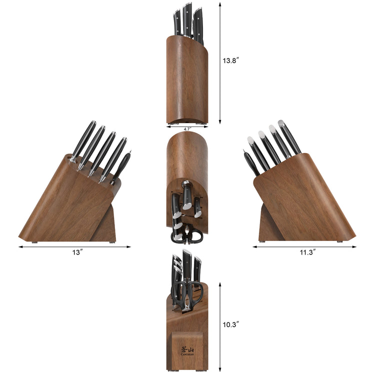 Wooden knife block with six knives and scissors, shown from multiple angles with dimensions.