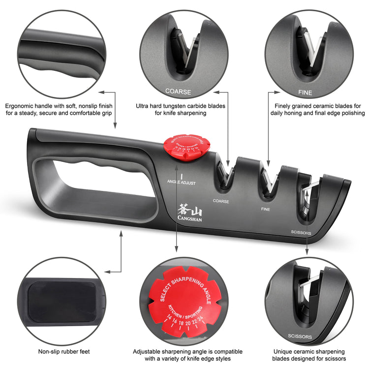 Knife and scissor sharpener with ergonomic handle, three sharpening slots for coarse, fine, and scissors, adjustable angle di