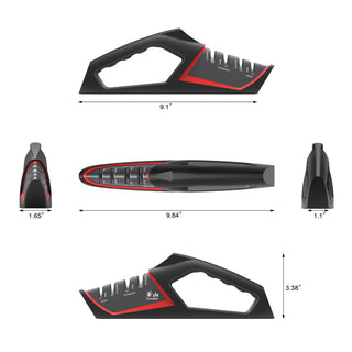 
                    
                      Black and red handheld knife sharpener with coarse and fine slots, shown from multiple angles with dimensions.
                    
                  