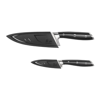
                    
                      Two black-handled kitchen knives with protective sheaths, one larger chef knife and one smaller paring knife.
                    
                  