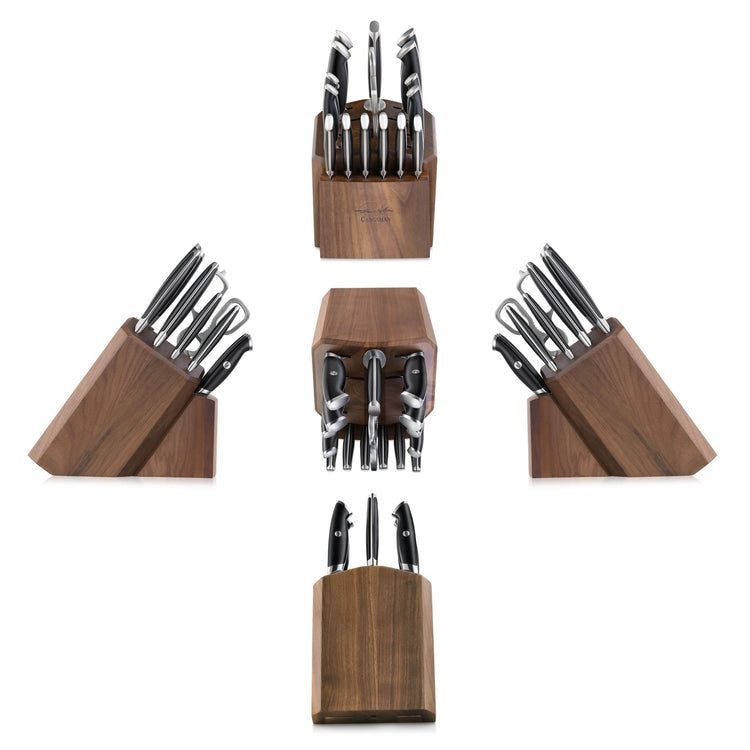 17-piece knife set with black handles in a wooden block, shown from five different angles.