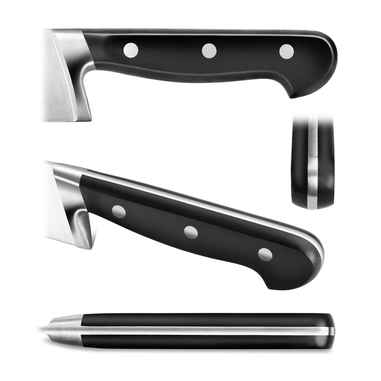 Black knife handle with three rivets, shown from side, top, and end views.
