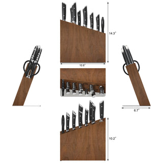 
                    
                      Knife block set with eight knives and kitchen scissors in a wooden acacia block, shown with dimensions.
                    
                  