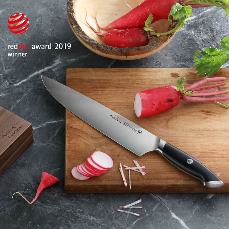 10-inch chef's knife with black handle on wooden cutting board slicing radishes, Red Dot Award 2019 winner.