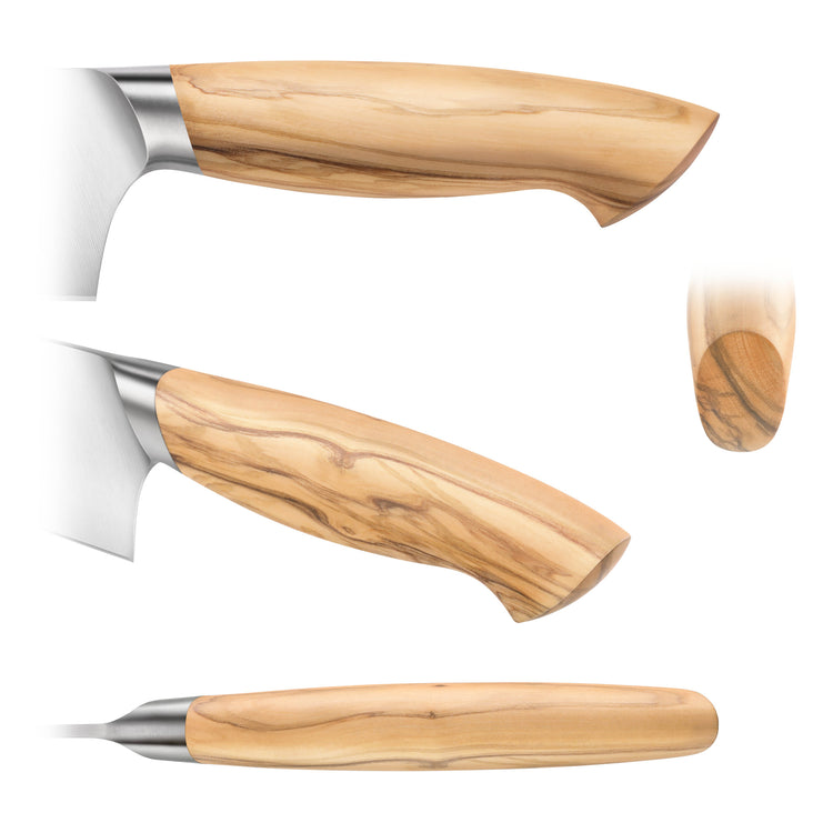 Knife handle made of light maple wood with smooth ergonomic shape and metal bolster, shown from multiple angles.