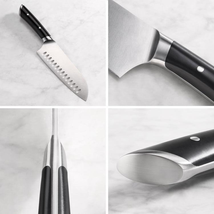 Santoku knife with black handle and stainless steel blade, shown whole and in close-up details of blade, handle, and bolster.
