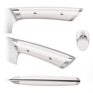 
                    
                      Close-up views of a knife handle with white grip and stainless steel accents from multiple angles.
                    
                  