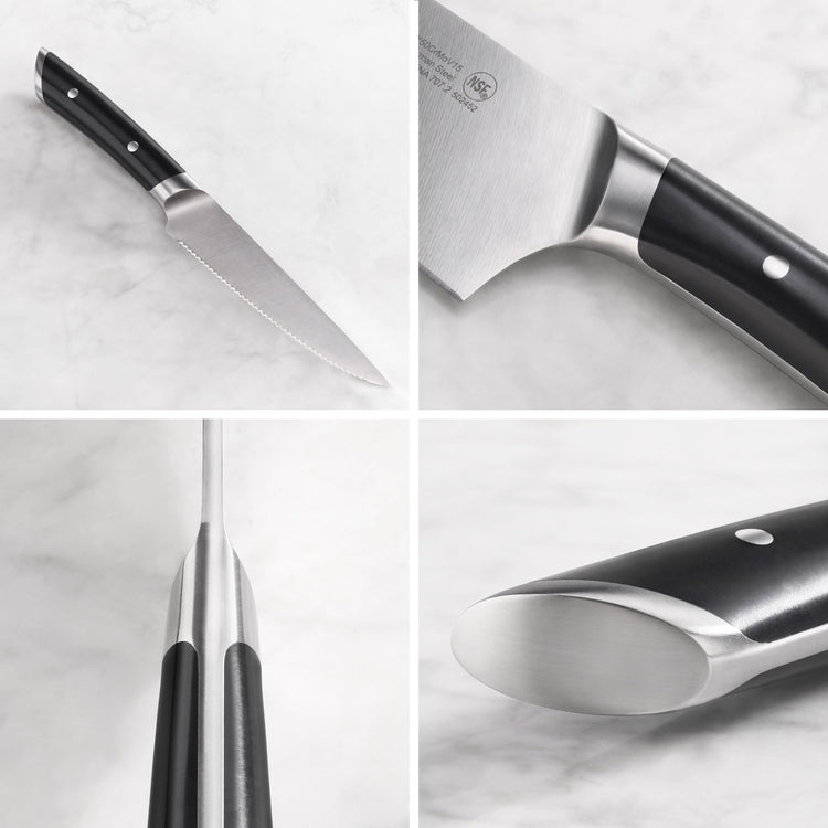 Serrated utility knife with black handle and stainless steel blade shown from multiple angles on a marble surface.