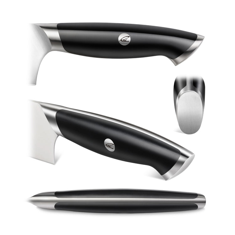 Black ergonomic knife handle with stainless steel accents and a circular logo, shown from four angles.