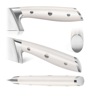 
                    
                      White knife handle with three metal rivets and a metal end cap shown from multiple angles.
                    
                  