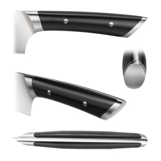 
                    
                      Close-up views of a knife handle showing black grip with metal rivets and polished metal accents.
                    
                  