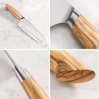 
                    
                      Santoku knife with a wooden olivewood handle and stainless steel blade featuring hollow edge indentations.
                    
                  