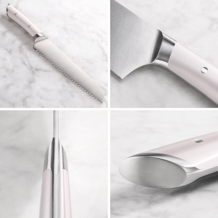 8-inch serrated bread knife with white handle and stainless steel blade shown from multiple close-up angles.