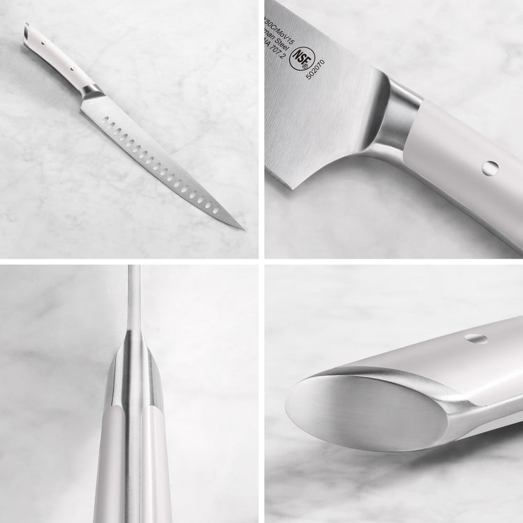 Stainless steel carving knife with white handle shown from multiple angles on a marble surface.