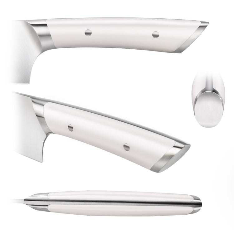Close-up views of a white-handled cleaver knife with stainless steel accents on the handle and blade.