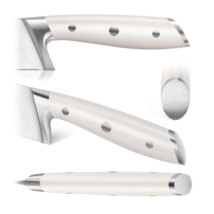 Close-up views of a knife handle with white grip, three rivets, and metal end cap from multiple angles.