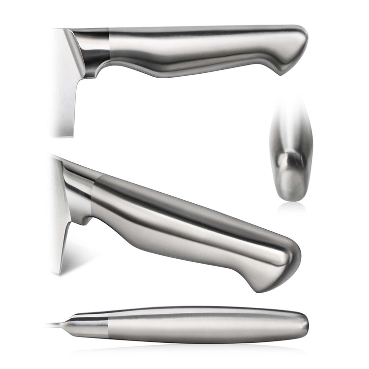 Stainless steel carving knife handle shown from side, top, and angled views, highlighting ergonomic design.