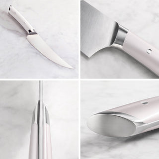 
                    
                      Curved boning knife with white handle and stainless steel bolster, shown from multiple close-up angles on a light background.
                    
                  