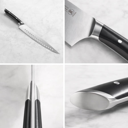 Carving knife with black handle and stainless steel blade shown from multiple close-up angles on a light surface.
