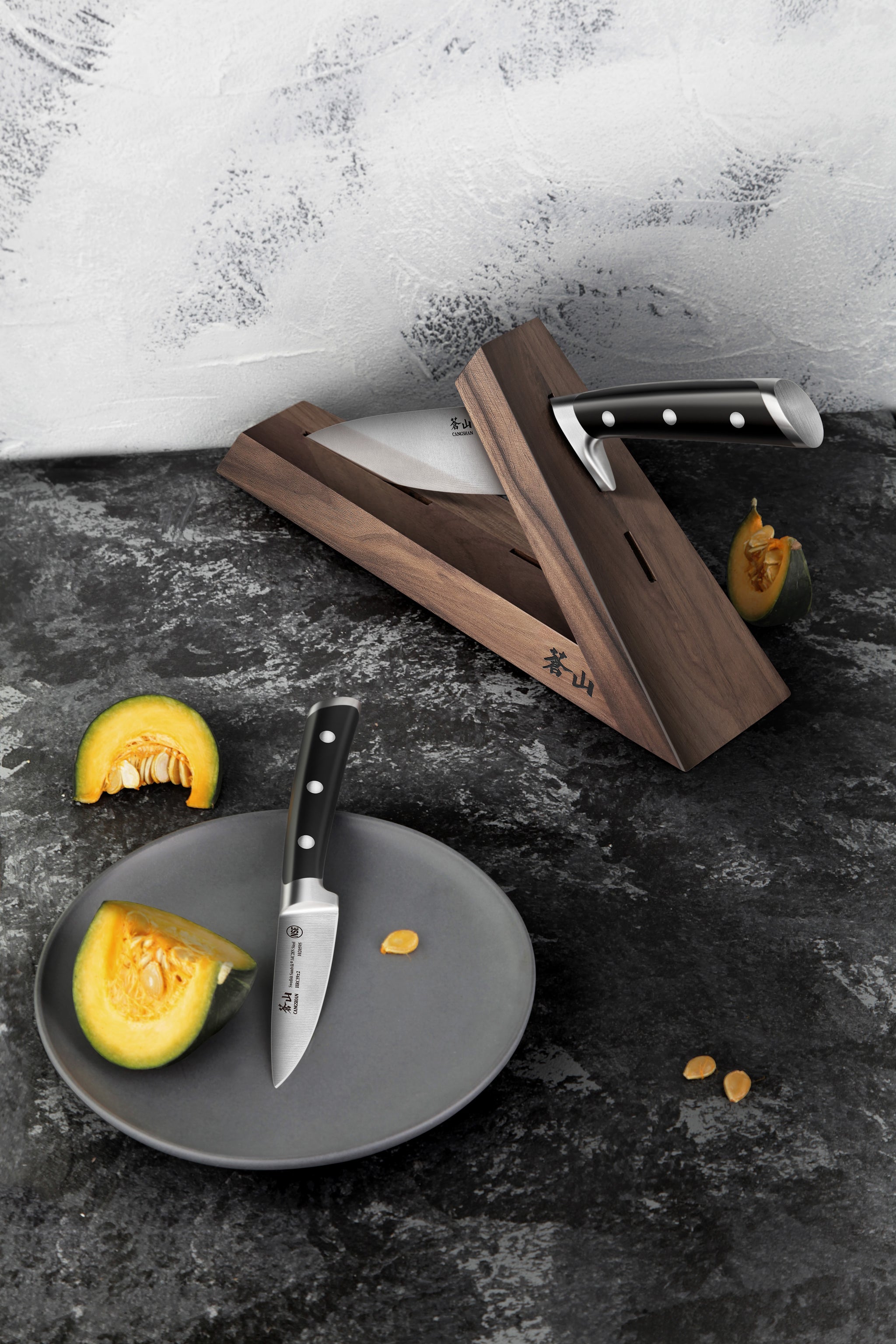 TS Series 3-Piece TAI Knife Block Set, Forged Swedish 14C28N Steel, Walnut Block, 1021417