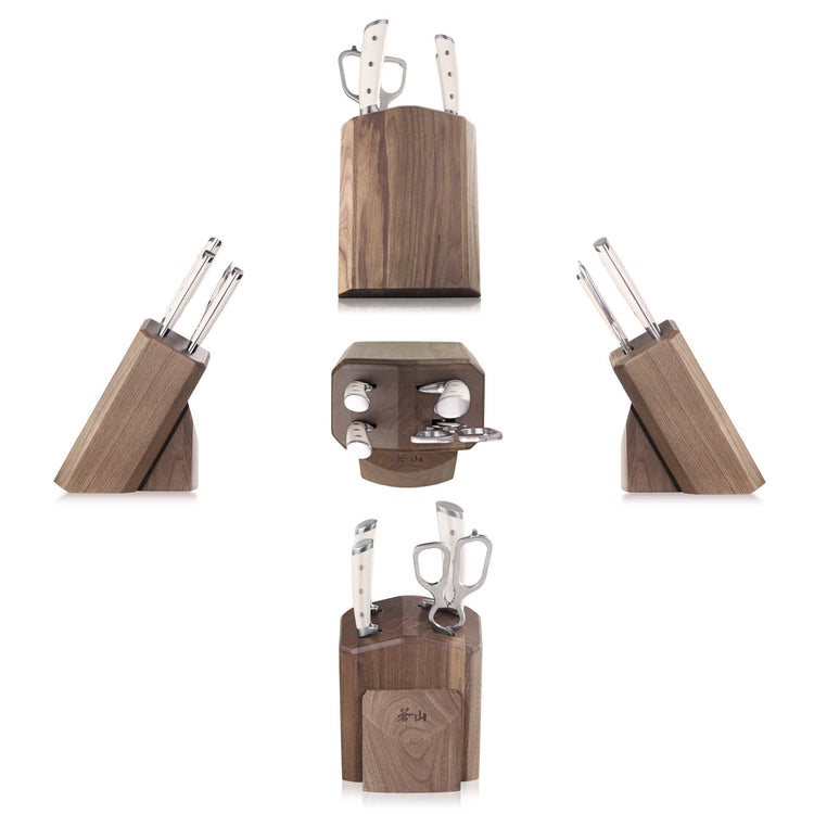 Wooden knife block set with three stainless steel knives and kitchen scissors, shown from multiple angles.