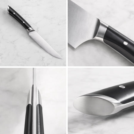 Four close-up views of a steak knife showing the full blade, blade-handle junction, blade thickness, and handle end cap.