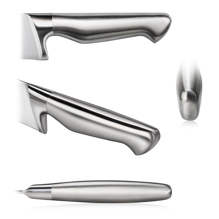 Close-up views of a stainless steel knife handle from three angles: side, top, and end.