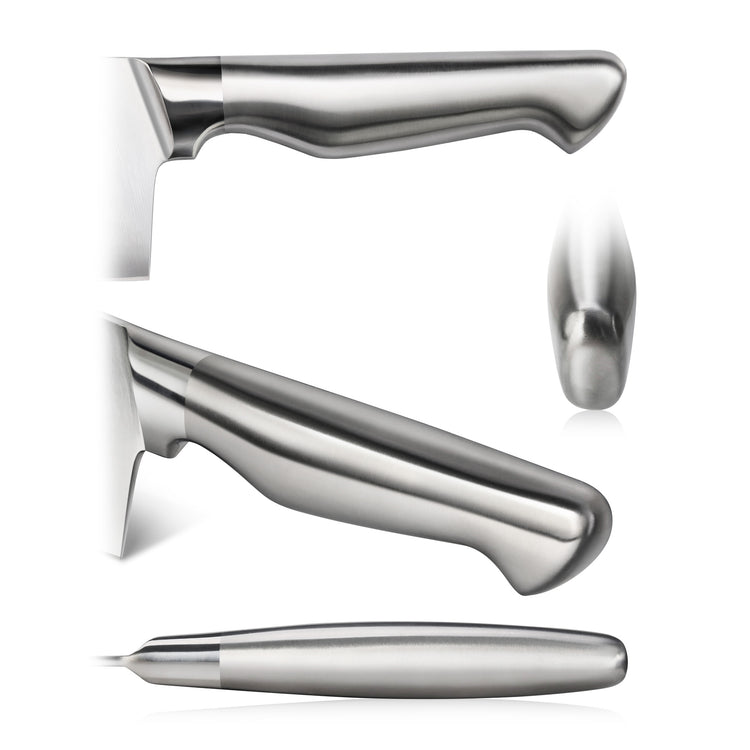 Stainless steel knife handle shown from side, angled side, and top views on white background.