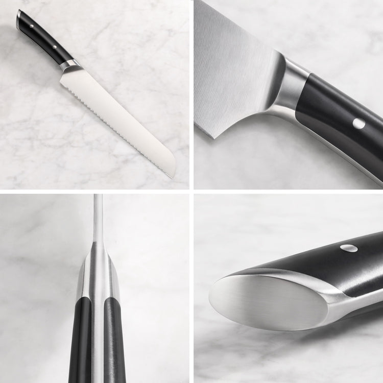 8-inch serrated bread knife with black handle and stainless steel bolster shown from multiple angles on marble surface.