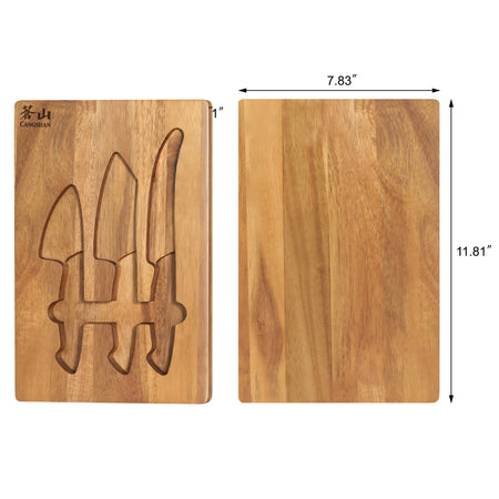Rectangular acacia wood cheese board with cutouts holding three olive wood cheese knives, dimensions 11.81 by 7.83 inches.