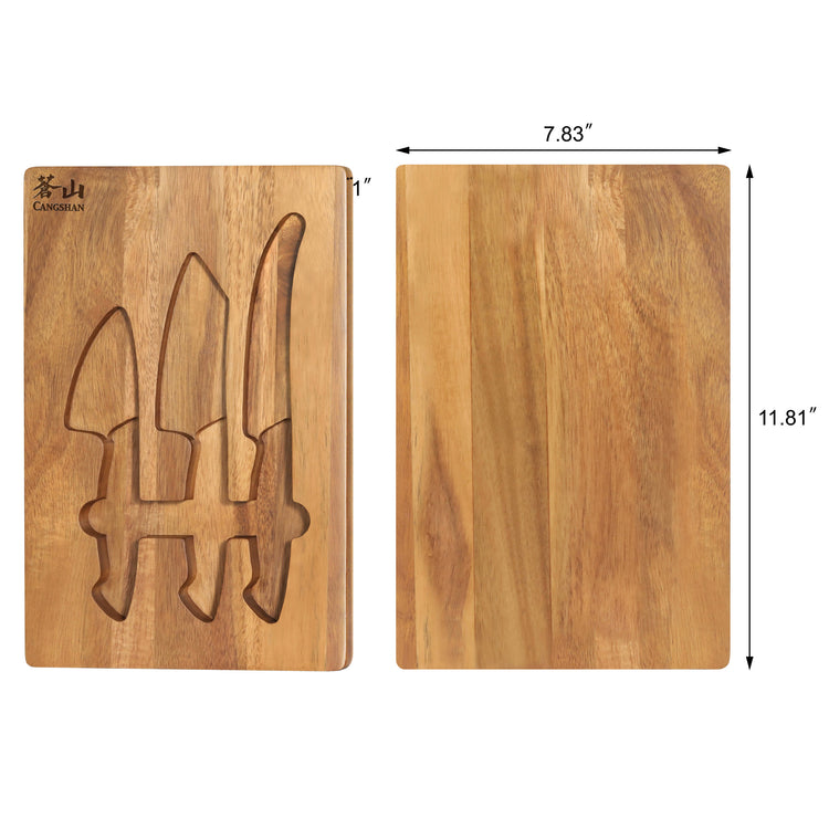 Rectangular acacia wood cheese board with cutouts holding three olive wood cheese knives, dimensions 11.81 by 7.83 inches.