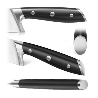 
                    
                      Black utility knife handle with three metal rivets and stainless steel bolster and end cap shown from multiple angles.
                    
                  