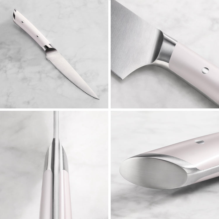 Serrated utility knife with white handle and forged steel blade shown from multiple close-up angles on a marble surface.