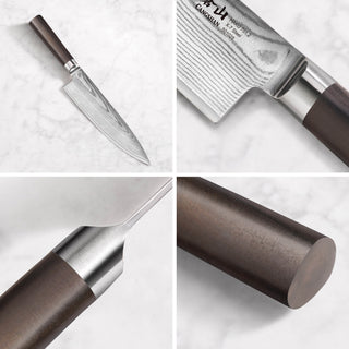 
                    
                      Chef knife with Damascus steel blade and dark wooden handle shown from multiple close-up angles on a white marble surface.
                    
                  