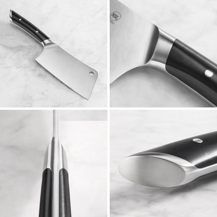 Cleaver knife with black handle and stainless steel blade shown from multiple close-up angles on a marble surface.