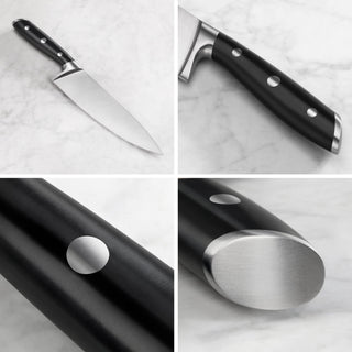 
                    
                      8-inch chef knife with black handle, three rivets, and stainless steel bolster and end cap on marble surface.
                    
                  