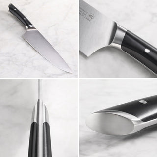 
                    
                      Chef knife with black handle and stainless steel blade shown from multiple close-up angles on a marble surface.
                    
                  
