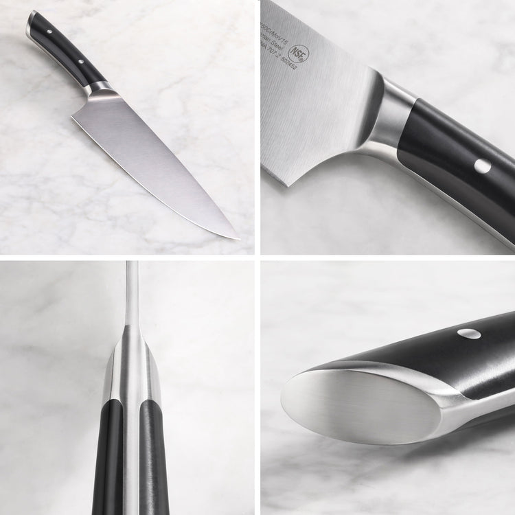 Chef knife with black handle and stainless steel blade shown from multiple close-up angles on a marble surface.