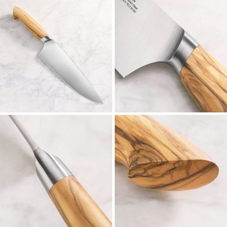 Chef knife with a smooth, light wood handle and polished stainless steel blade shown from multiple angles.