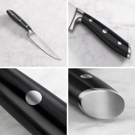 Steak knife with black handle and three metal rivets shown from multiple close-up angles on a marble surface.